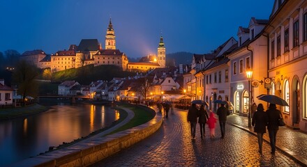Fototapeta premium Evening cityscape with buildings river and illuminated towers featuring pedestrians
