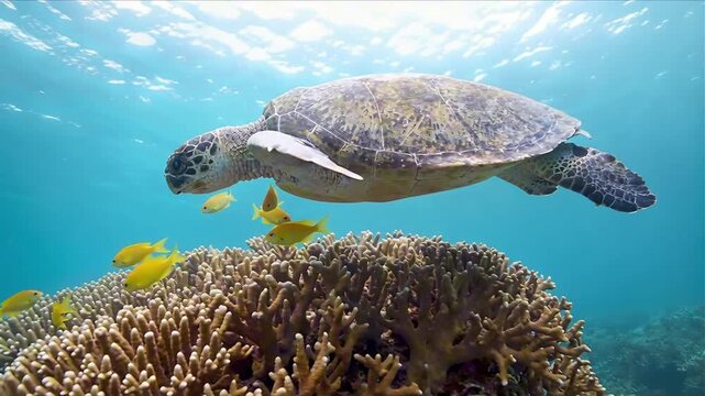 turtle hovering coral head cleaner fish pecking shell marine biology moment perfect for world turtle day