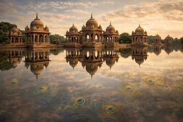 Fototapeta premium Royal Sandstone Palace Reflected in Serene Waters at Sunset