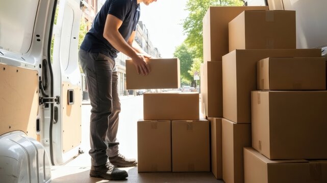 Man loading cardboard boxes into moving van during relocation day