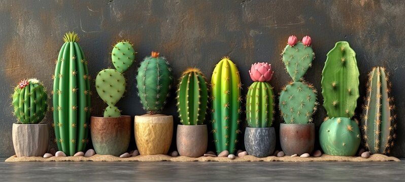 Assorted Potted Cacti in Various Containers
