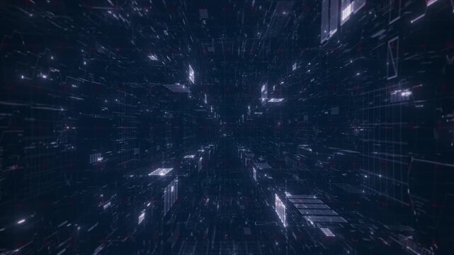 Abstract digital technology video with flowing code, letters, and financial network connections.