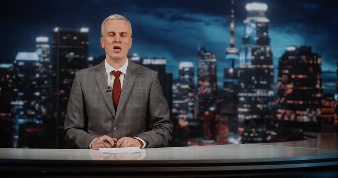 Emotional News Commentator Hosts Prime Time Political Debate, Examining World Conflicts and Strategic Tensions Between Nations. Urgency, Public Discourse, Power of Media to Shape Societal Attitudes.