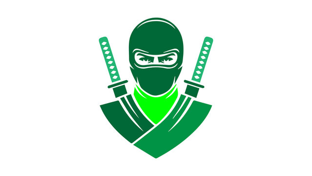 A green ninja character with swords set against a clean white background with a bold and stealthy mood