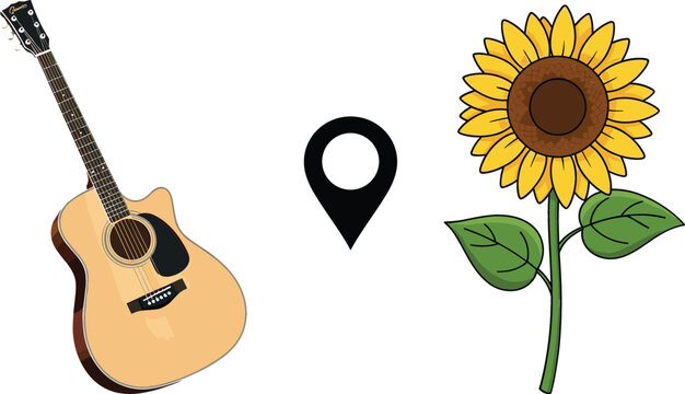 Acoustic guitar location pin icon and sunflower illustration collection vector design for music nature and map marker concept