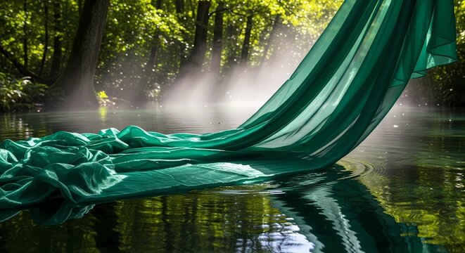 Long green fabric flowing over a river in a misty sunlit forest landscape