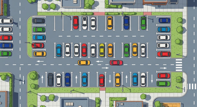 Aerial view of a busy parking lot filled with cars.