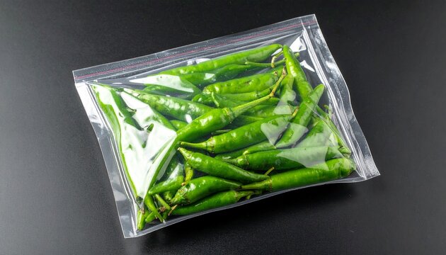 Group of Fresh Hot Green Chili Peppers Stored in Transparent Plastic Zipper Bag for Kitchen Organization