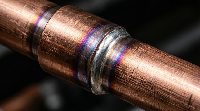 Detailed close-up of a professionally brazed copper pipe joint, showcasing the strong metallic bond and heat-affected zone from the welding process
