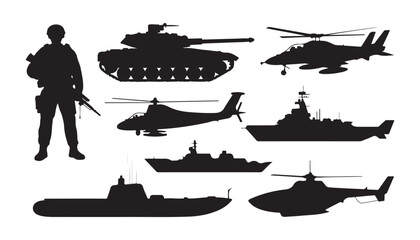 Military silhouettes set featuring soldier tank helicopter warship and submarine icons art. © MD.RAHIM