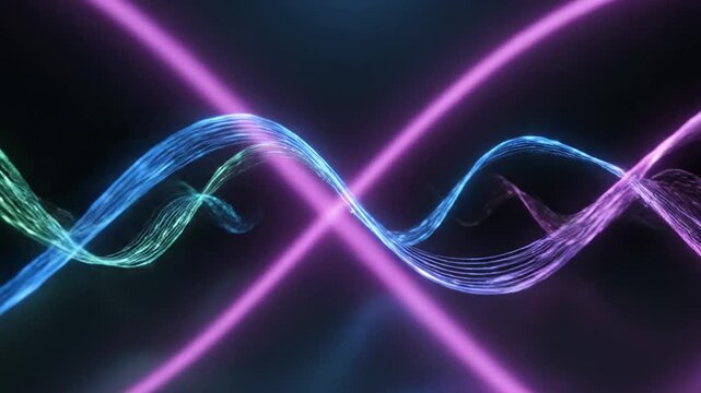 abstract blue and purple sound wave data visualization, flowing glowing digital equalizer lines, futuristic technology background