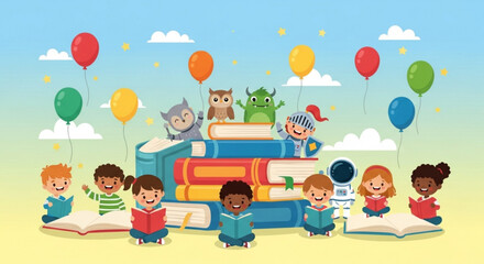 Fototapeta premium Children and fantasy creatures reading books on stack for book day