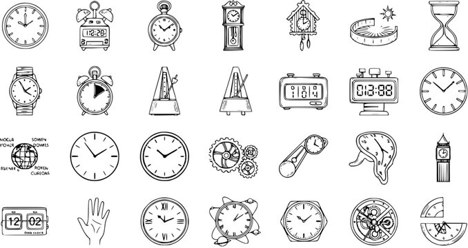 Time Icons Sketch Collection: Clocks, Watches, Metronomes, Sundials, Hourglasses, and More Hand-Drawn Illustrations