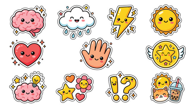 A collection of cute, kawaii-style cartoon illustrations featuring a brain, heart, sun, cloud, lightning bolt, hand, star, flowers, and a cat with bubble tea.