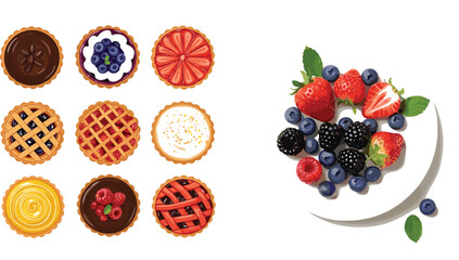 Fruit tart collection and berry dessert plate vector illustration featuring assorted mini pies, strawberry, blueberry, raspberry and blackberry toppings isolated design © MstLinaAkter