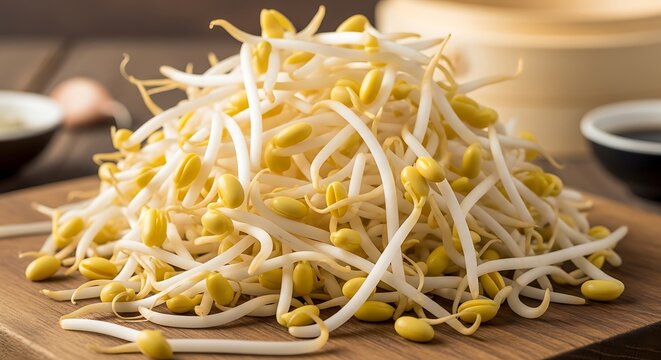Fresh bean sprouts on wooden cutting board ready for culinary use
