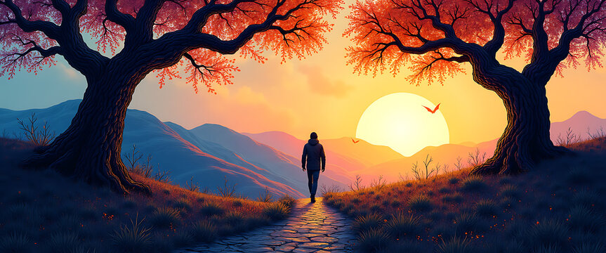 Lone traveler walks on stone path through surreal landscape with two large trees framing sunset over misty mountains.
