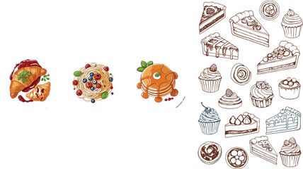 Fototapeta premium Dessert and bakery collection vector illustration featuring pancakes, croissant, cupcakes, cakes and sweet pastry outline icons isolated food set design
