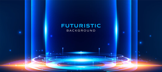 Futuristic technology hud hologram circle blue background with digital glowing neon light interface. Abstract science high tech vector stage podium for product display with light sparkles and rays © StudioPixel2