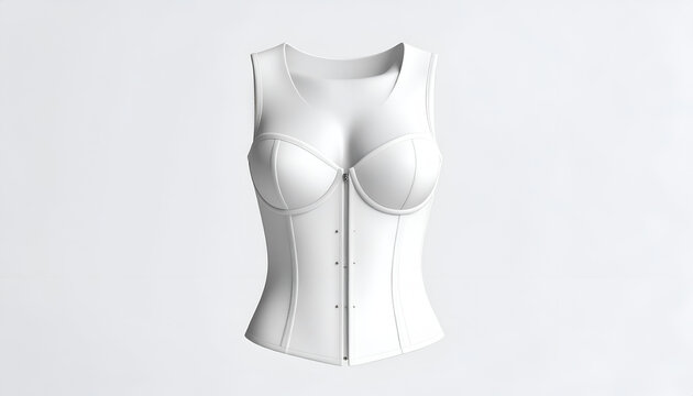 A white corset-style top with a bustier shape, buttons down the front, on a light background