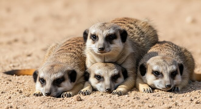Group of meerkats huddled together on sandy ground outdoors in sunlight
