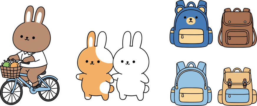 Cute bunny characters and school backpack collection vector illustration featuring adorable rabbits, cycling scene and colorful kids bag designs isolated set