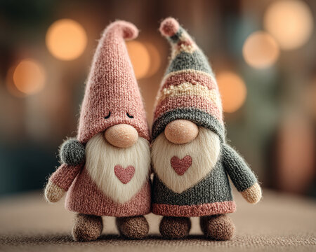 Charming couple of handmade Scandinavian gnomes with hearts. Knitted tomte dolls symbolizing love and companionship for Valentine's Day or cozy hygge winter decor.