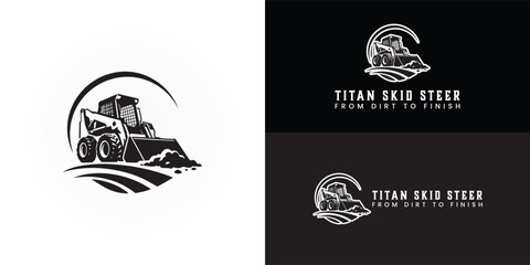 A bold skid steer icon symbolises excavation, landscaping, grading, and dependable construction services, moving earth beneath a sweeping arc. © Miftakhul