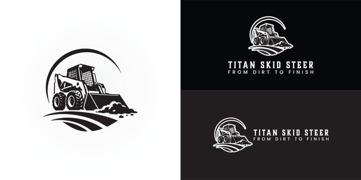 A bold skid steer icon symbolises excavation, landscaping, grading, and dependable construction services, moving earth beneath a sweeping arc.