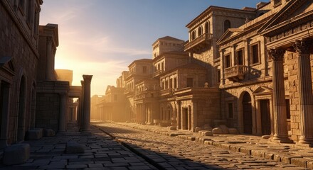 Fototapeta premium Ancient City Street Scene at Golden Hour Sunrise.