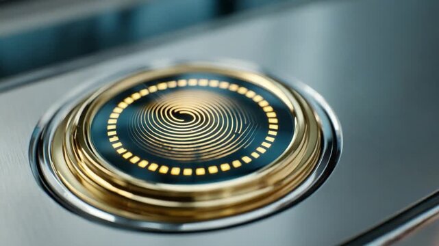 Futuristic Biometric Scanner: A close-up shot of a modern biometric scanner, showcasing its intricate design and advanced technology. The circular interface glows with futuristic elegance.