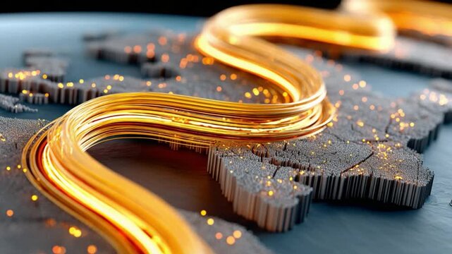 Golden Threads Across the Globe: A visualization of global connectivity, showcasing a network of golden threads weaving across a map, symbolizing the flow of data and information across continents.
