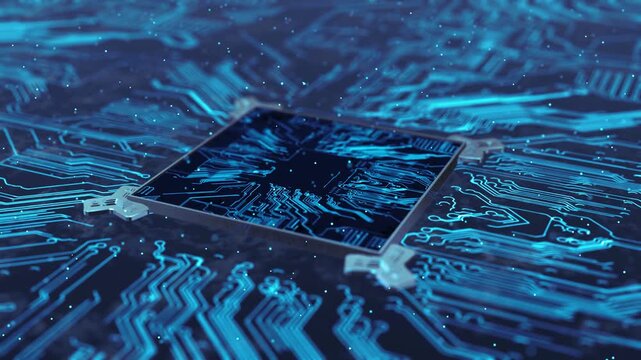 Abstract digital technology video with flowing code, letters, and financial network connections.