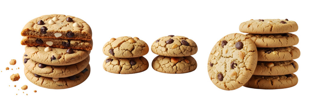 A stack of chocolate chip cookies on a transparent background