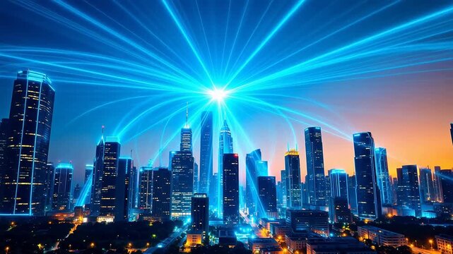 City skyline with glowing network connections for Digital Transformation and Cyber Infrastructure
