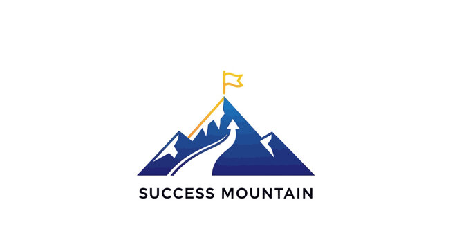 Success mountain logo with peak flag and path arrow for business goal achievement
