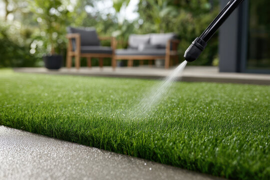 Satisfying view of pressure washer nozzle directing spray of water onto bright green artificial grass to clean concrete patio and lawn during refreshing outdoor yard maintenance session