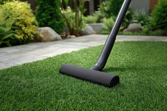 Black vacuum cleaner nozzle resting on bright green artificial grass turf in an outdoor garden setting portraying an absurd meticulous obsessive cleaning routine for pristine lawn environment
