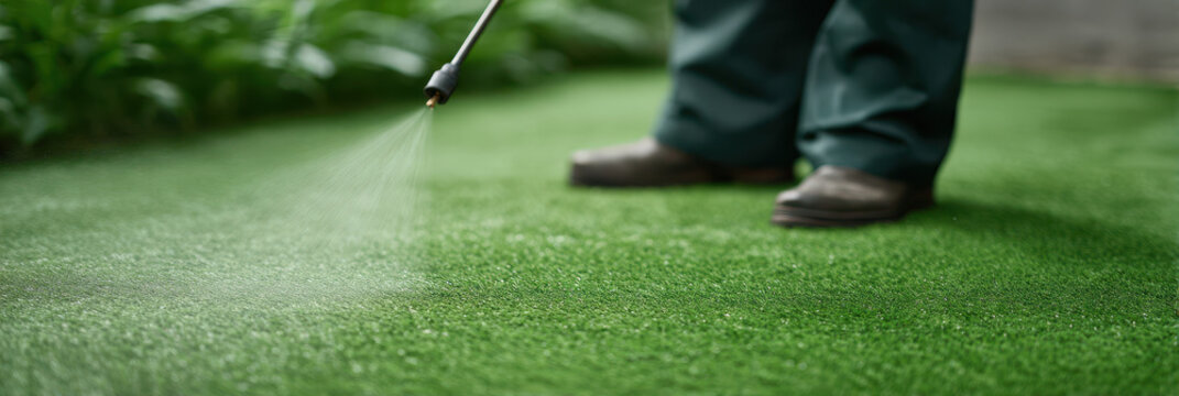 Careful person spraying lawn grass with water or chemical liquid for gardening maintenance outdoor making sure yard remains healthy and vibrant during daytime work