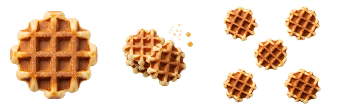 A collection of crispy waffles floating in the air on transparent background