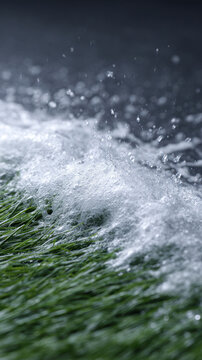 Refreshing heavy water splash flowing forcefully over bright green artificial grass turf creating energetic dynamic motion with clear liquid droplets spraying everywhere wet sport field surface