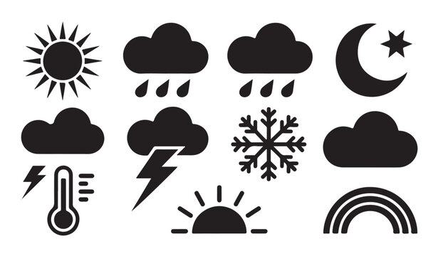 Abstract weather forecast icons set featuring sun moon rainbow and lightning storm clouds.