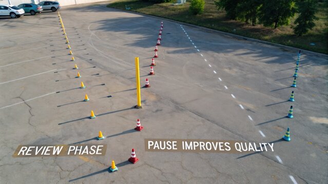 Traffic cones arranged in a parking lot demonstrating review phase and pause improves quality during training sessions