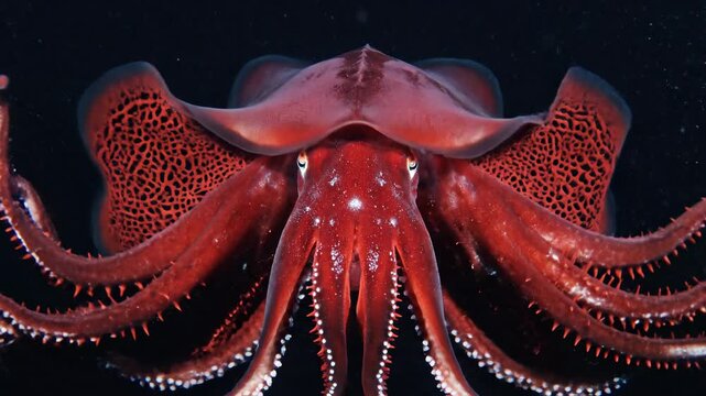 Red Octopus with Open Tentacles in Deep Underwater Habitat