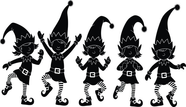Cartoon elf silhouettes dancing, festive holiday celebration, pointed hats, striped leggings, curled shoes, Christmas characters, whimsical poses, seasonal illustration design