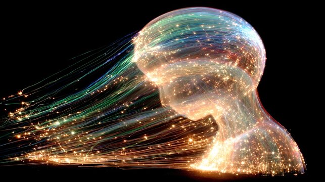 Abstract glowing head formed by vibrant light strands