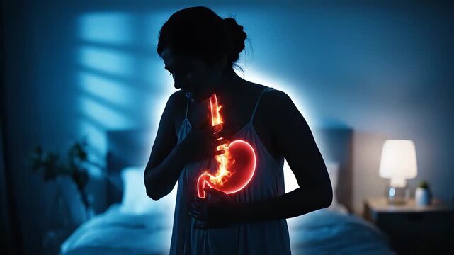 Woman suffering from severe acid reflux or heartburn at night, with glowing digestive system indicating pain.