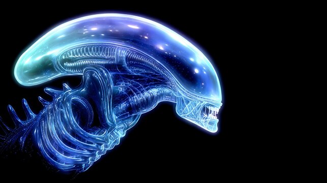 Alien creature head with blue glowing details