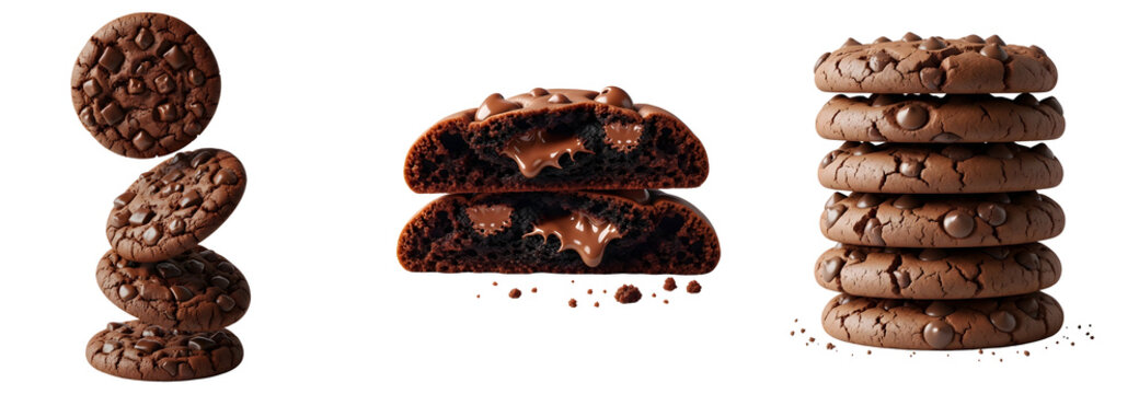 A stack of chocolate chip cookies with one cookie cut in half on transparent background