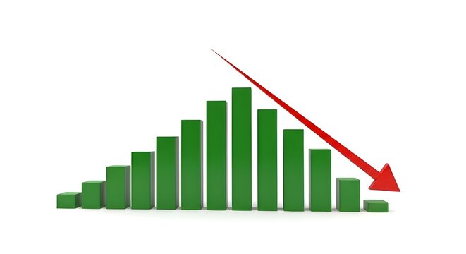 Green bar chart showing a sharp decline in performance with a large red arrow pointing downwards against white background space